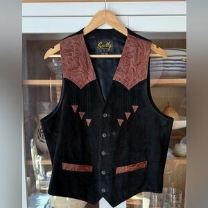 Vintage Scully Black Vest with Embossed Leather Western Accents